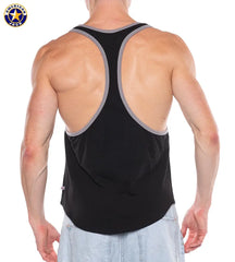 Back view of a man wearing a black tank top with gray trim and racerback design by AMERICAN JOCK