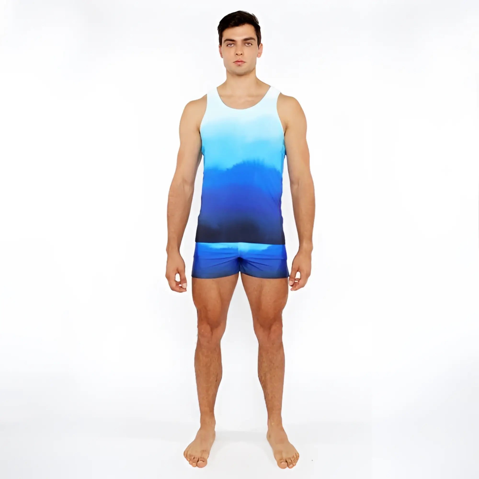Blue gradient tank top with smooth printed fabric design featured in gradient printed swim short collection