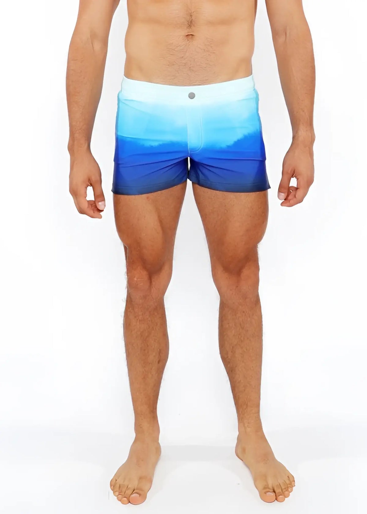 Gradient printed swim short featuring blue ombre swim trunks with a white waistband for comfortable beachwear