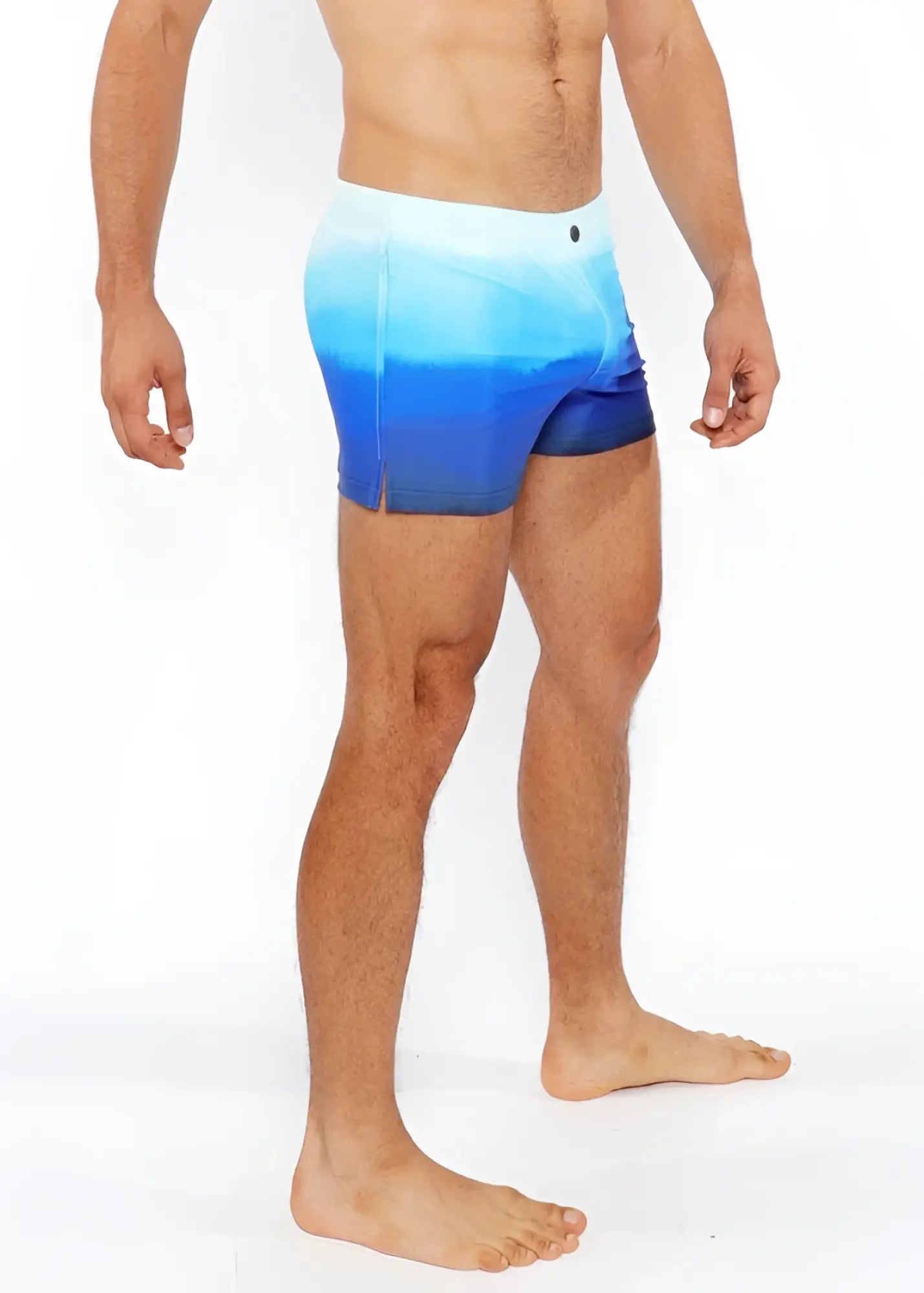 Blue gradient printed swim shorts featuring a smooth seamless design ideal for beach and pool wear