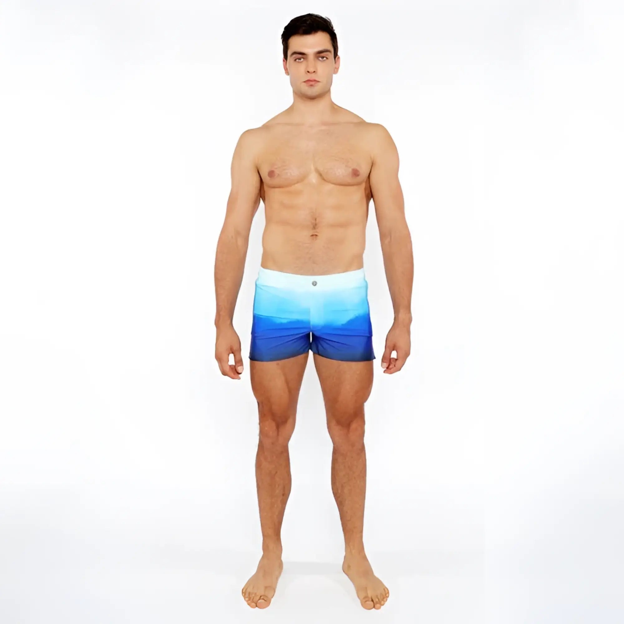 Men’s gradient printed swim shorts with blue ocean gradient design made from stretchy fabric for comfort and flexibility