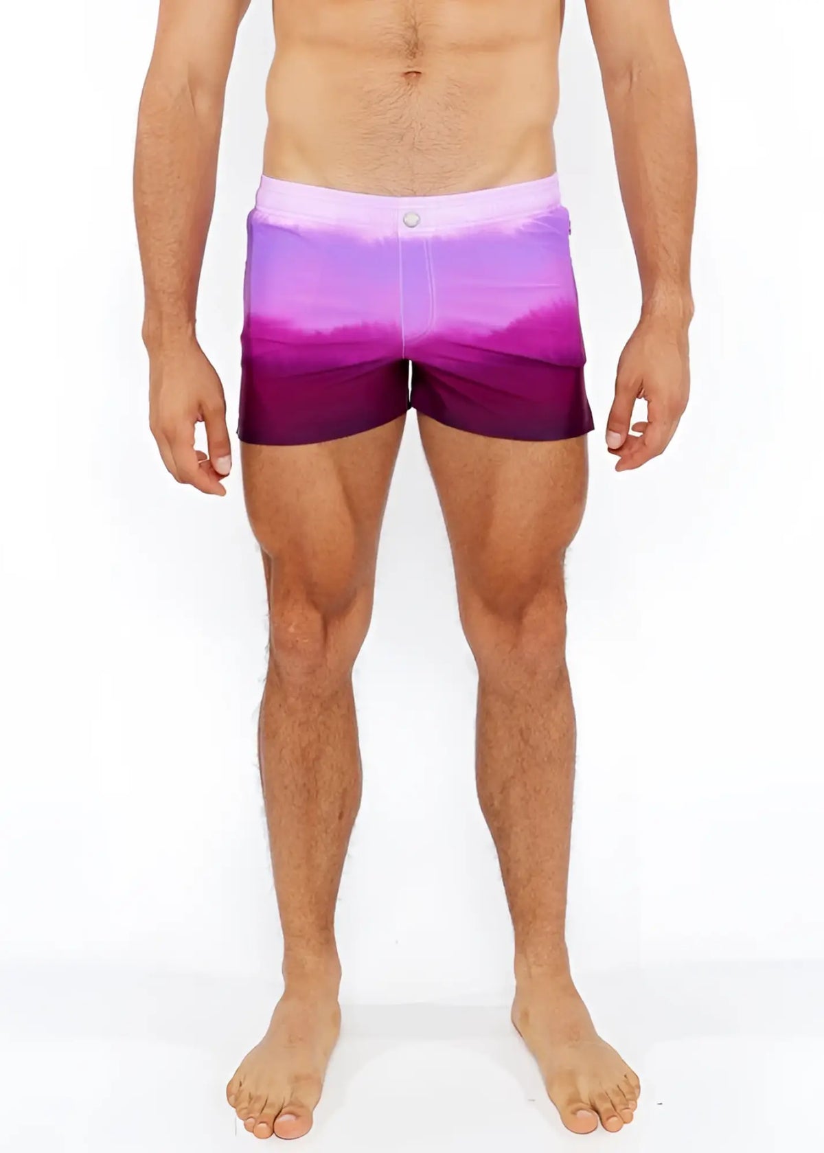 Gradient printed swim short featuring purple gradient swim trunks with a soft fade from lavender to deep violet hem