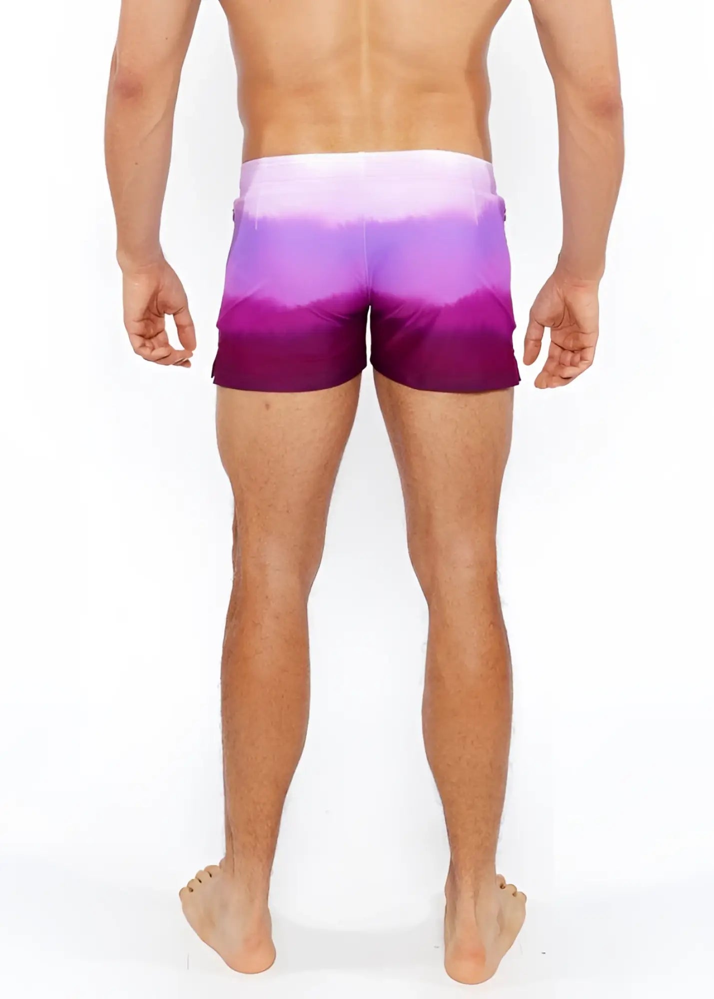 Gradient printed swim short featuring purple gradient swim trunks with a soft lavender to deep violet transition