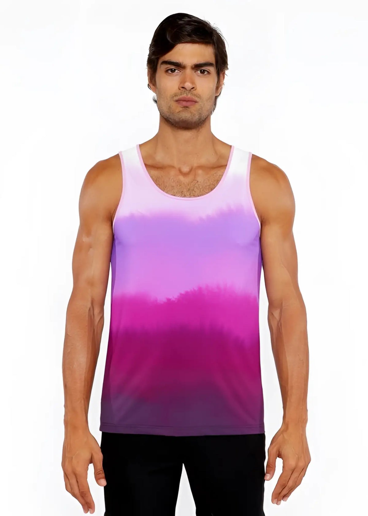 A man wearing a gradient stretch mesh tank top with smooth purple hues transitioning from lavender to deep magenta