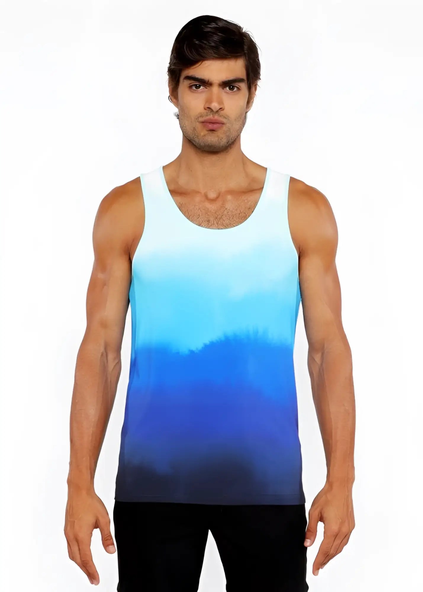 A men’s gradient stretch mesh tank top featuring a smooth blue color transition from light to dark blue