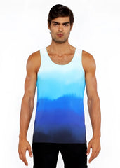 A men’s gradient stretch mesh tank top featuring a smooth blue color transition from light to dark blue