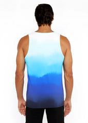 A men’s sleeveless gradient stretch mesh tank top in white to deep blue with soft fabric flowing to the hem