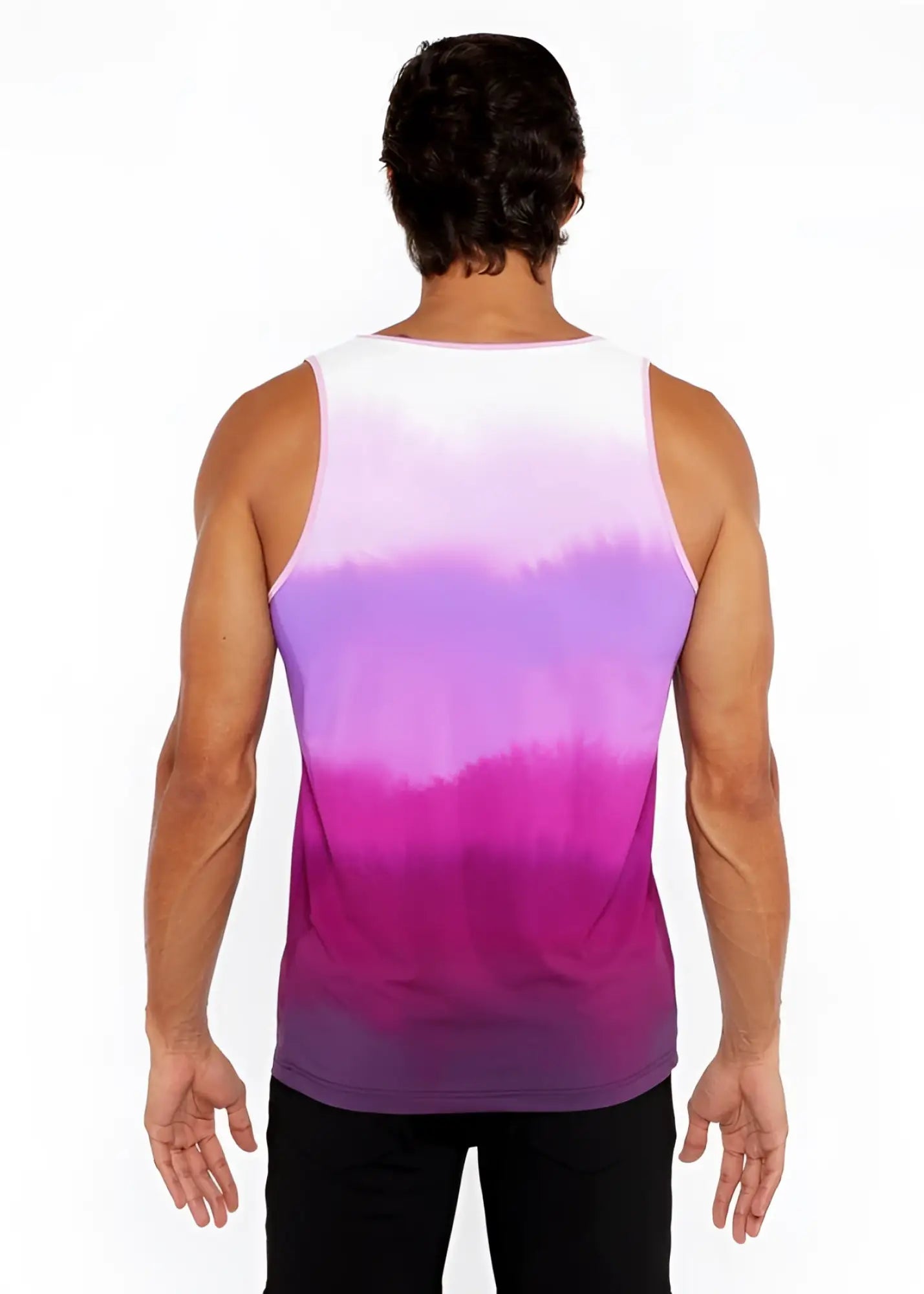 Gradient stretch mesh tank top with vibrant white to magenta purple gradient in stretchy fabric and clean seams