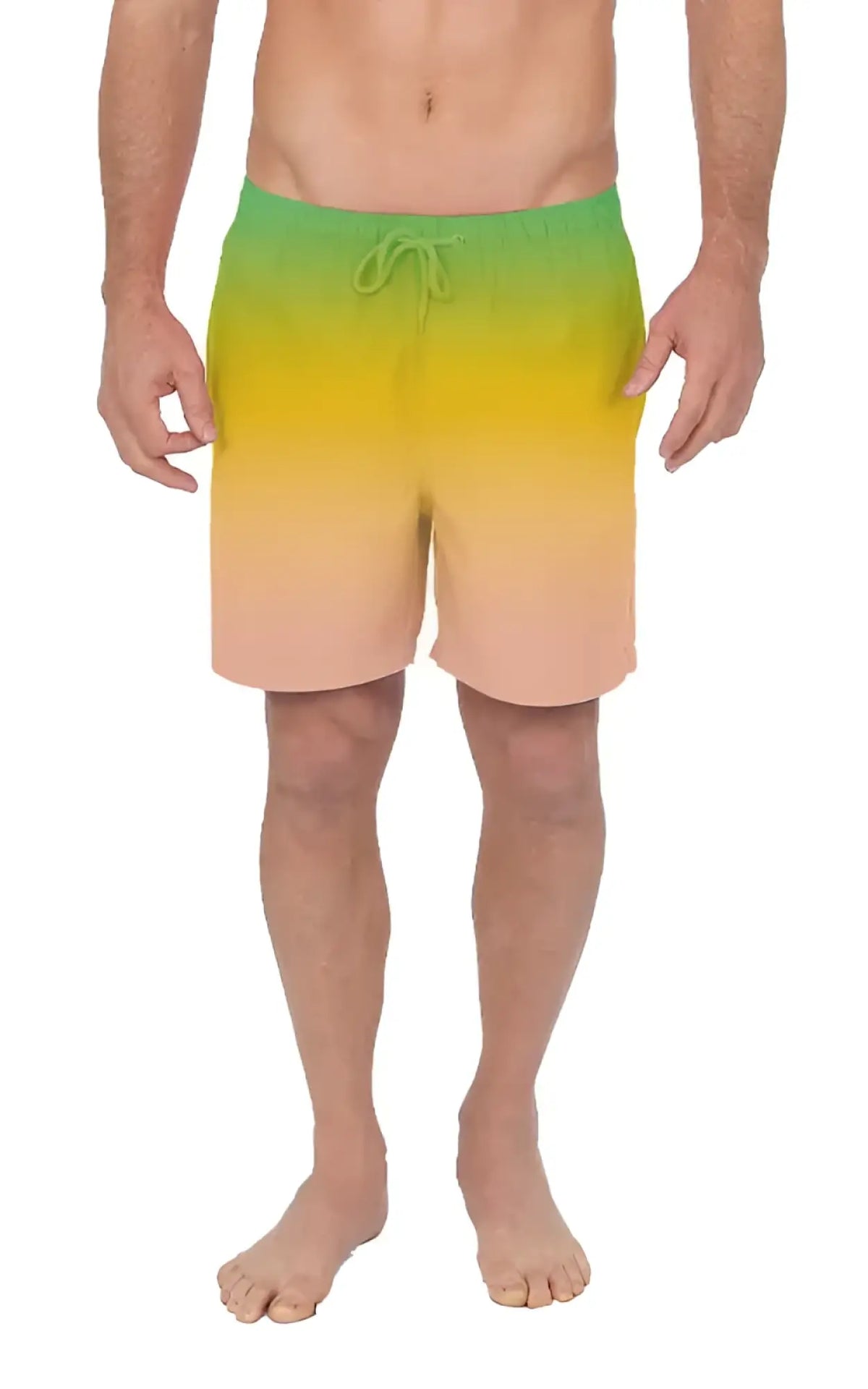 Men’s gradient swim shorts with vibrant green to yellow to peach transition featuring elastic waistband and drawstring