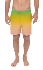 Men’s gradient swim shorts with vibrant green to yellow to peach transition featuring elastic waistband and drawstring