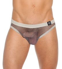 Gray mesh Gregg Homme beyond doubt brief underwear with solid gray waistband and small black brand tag size XL