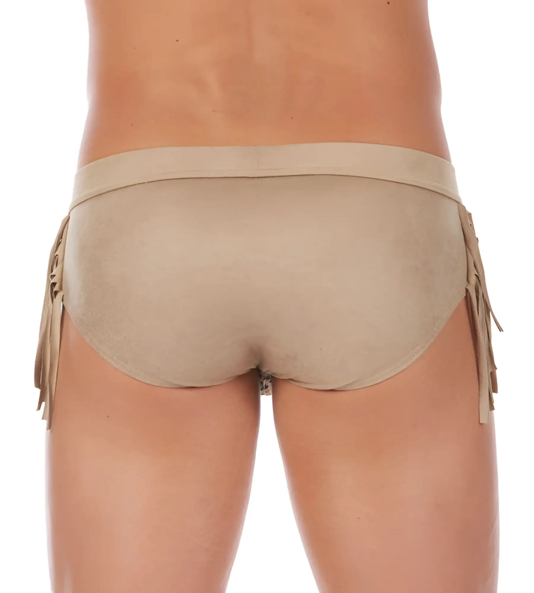 Beige suede swim trunks with fringe detailing on sides by Gregg Homme cowboy brief underwear sand size L