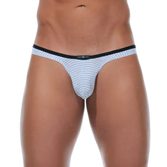 Light blue and white striped Gregg Homme FEEL IT stripe thong underwear with black elastic waistband and alessandro logo size L