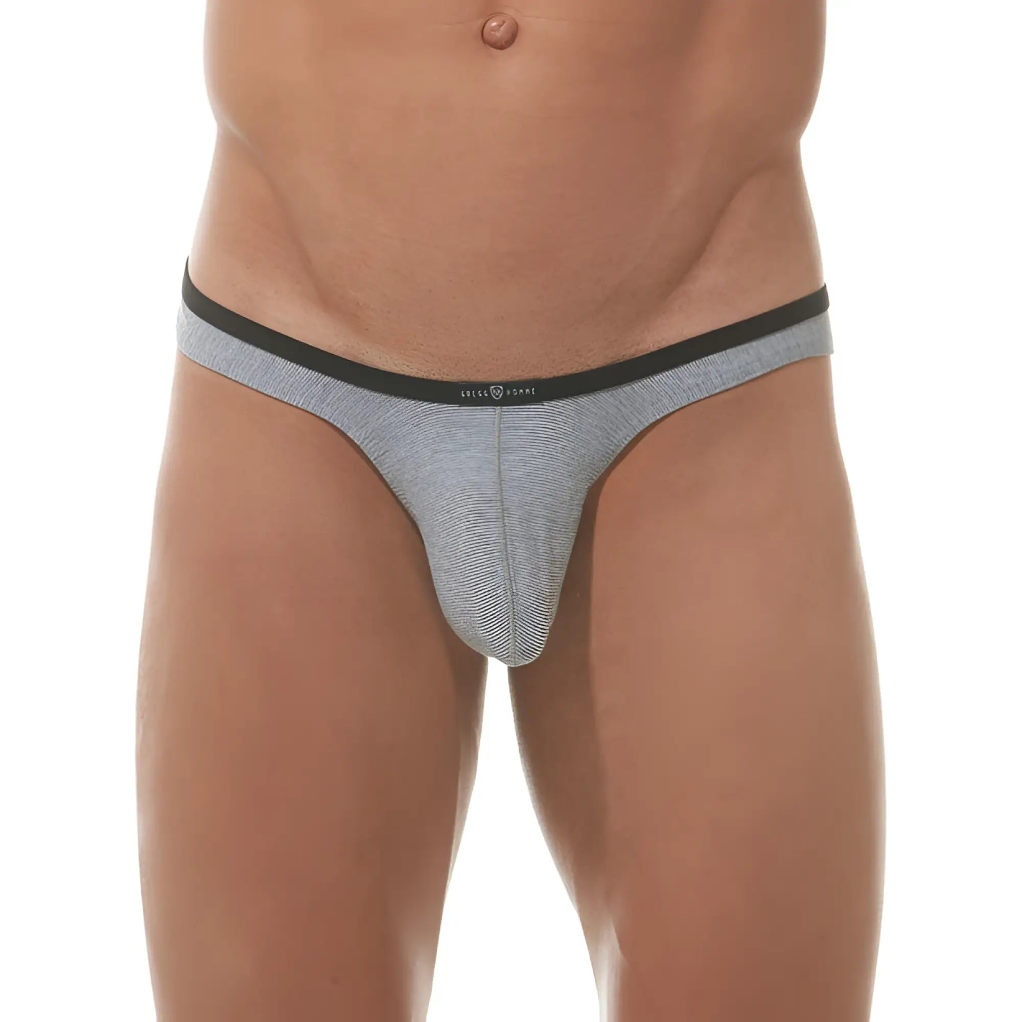 Gregg Homme feel it thong underwear in black with gray and black stripes and a sleek modern design size XL
