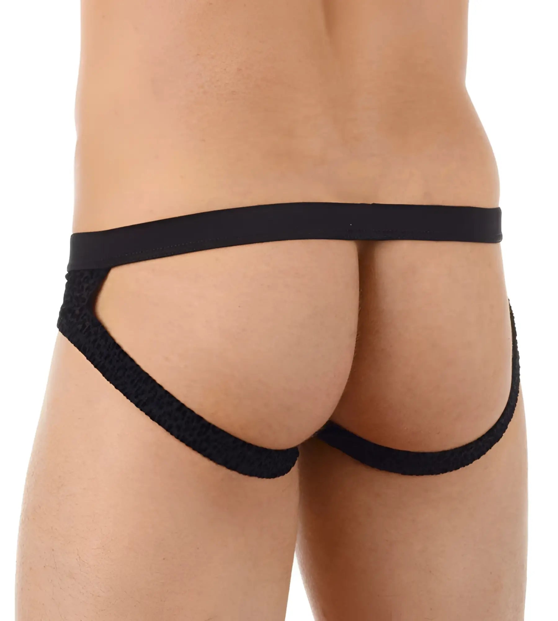 Black textured fabric briefs with wide waistband and leg openings by gregg homme tryst jock strap size s