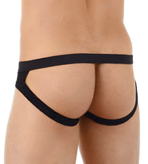Black textured fabric briefs with wide waistband and leg openings by gregg homme tryst jock strap size s
