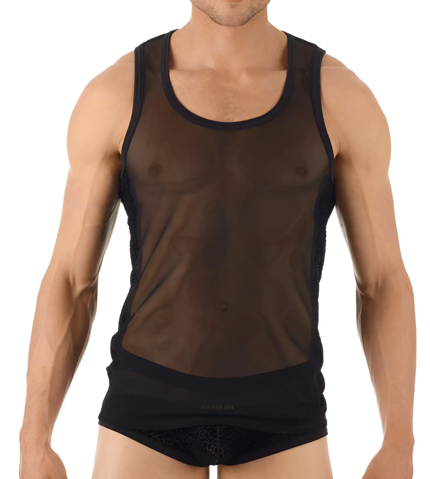 Black mesh tank top with solid black trim around neckline and armholes by gregg homme size s
