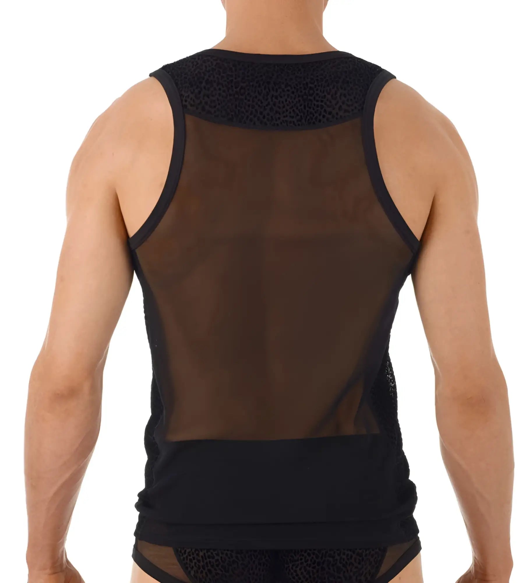 Gregg Homme TRYST black sheer mesh tank top with lace trim and leopard print accents size S front view