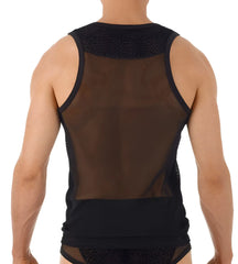 Gregg Homme TRYST black sheer mesh tank top with lace trim and leopard print accents size S front view