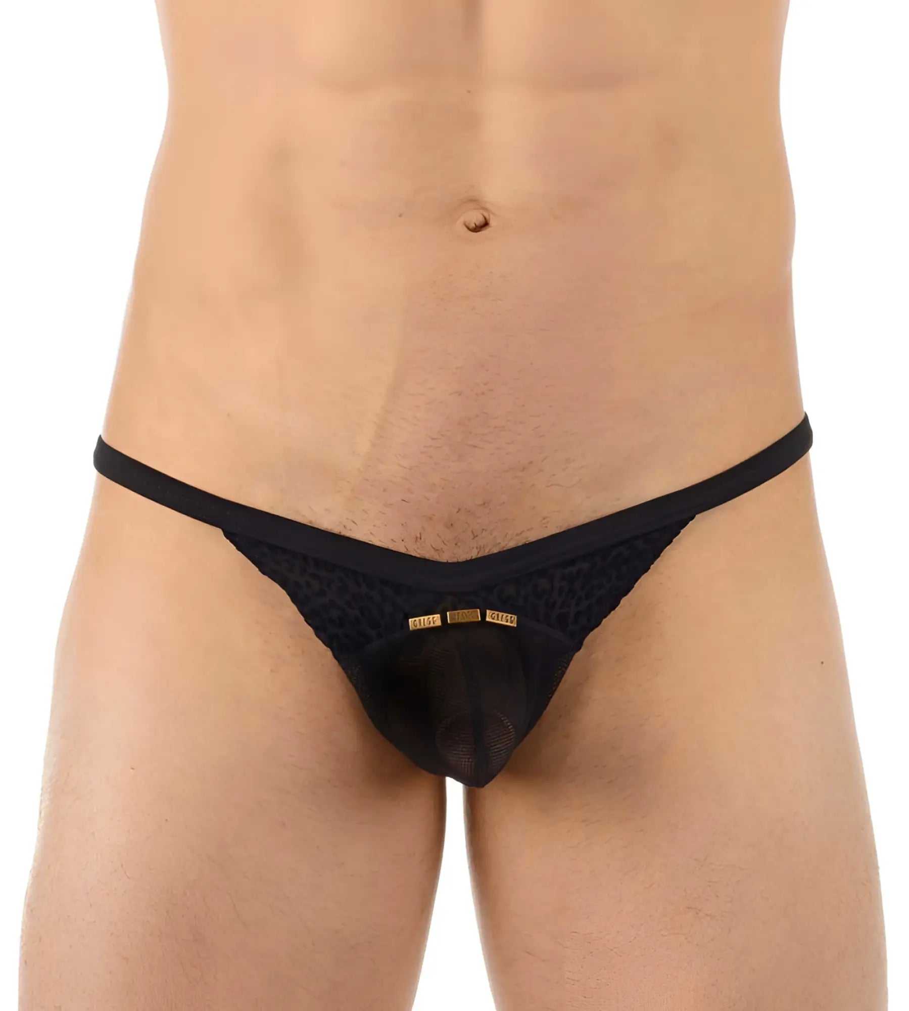Black lace thong underwear by Gregg Homme with a gold logo plaque in size XS model 130104