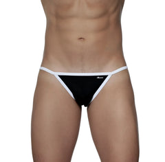 Black and white groovin accent string bikini thong with slim minimalist design shown from the back side