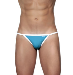 Groovin accent string bikini cyan blue with a minimalist blue front panel and white trim on waistband and leg openings