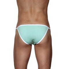 Mint green thong bikini with white trim groovin accent string bikini made of soft stretch fabric front view