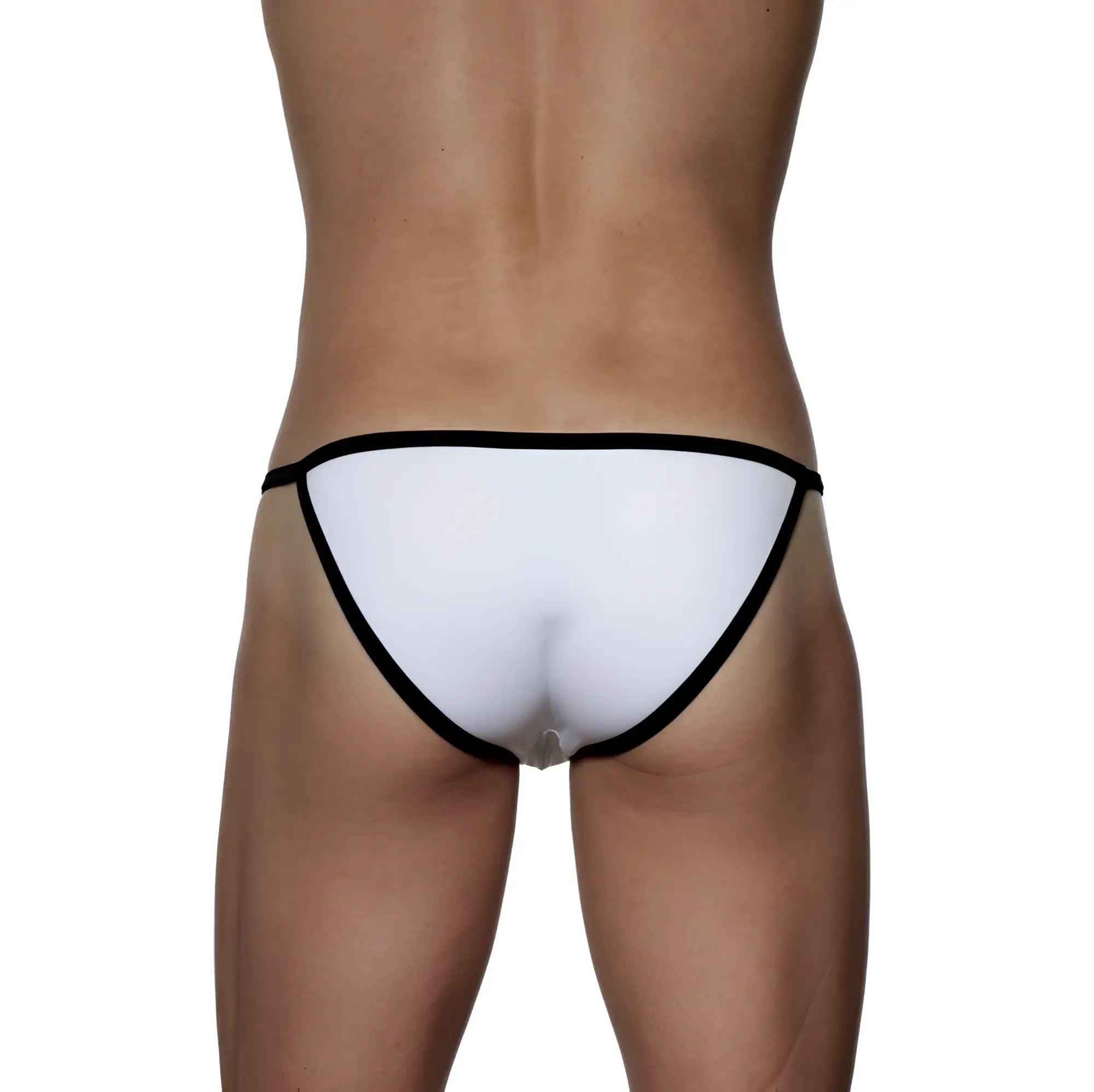White thong string bikini with black trim showing the back side in groovin accent style model st0401