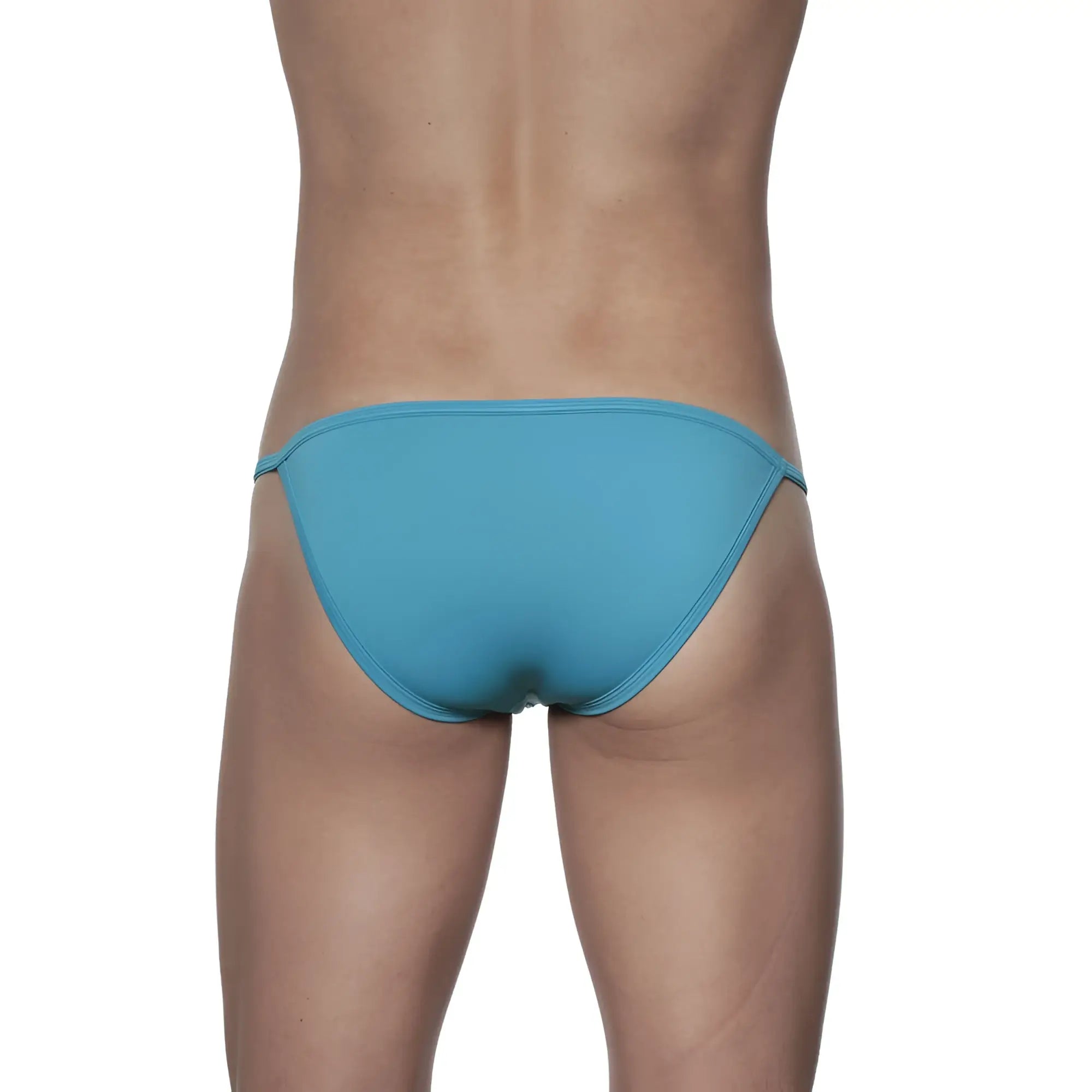 A sleek teal groovin string bikini in solid cyan blue with smooth fabric finish and brief style design