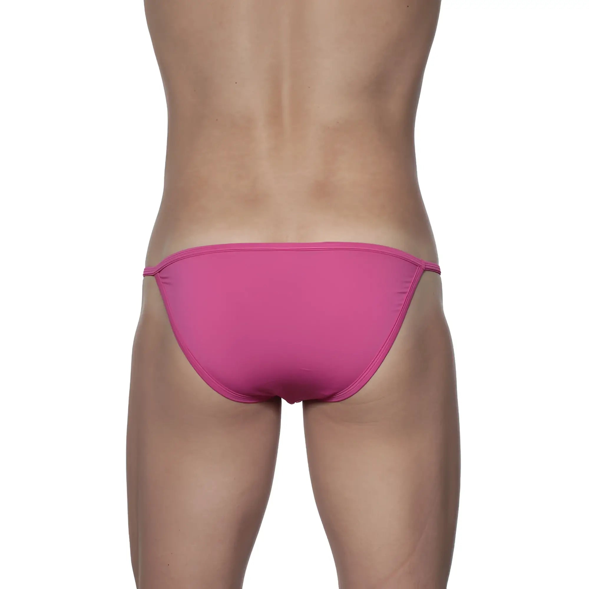 Bright pink form-fitting groovin string bikini swim trunks with a thin elastic waistband in fuchsia pink
