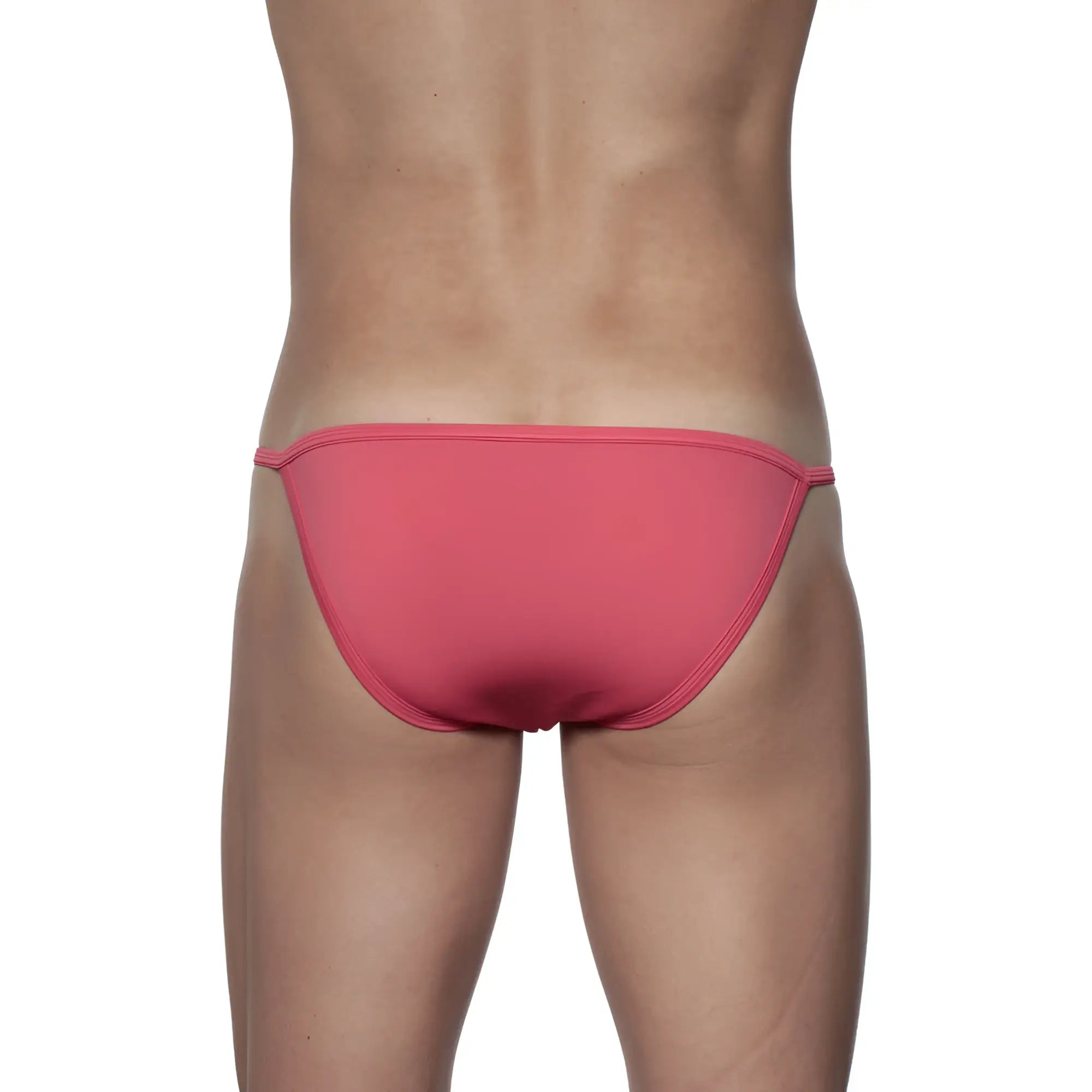 A sleek coral-pink groovin string bikini rouge red swim trunks with smooth fabric and thin side ties