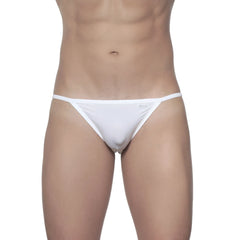 White minimalist thong bikini groovin string bikini st0101 made of smooth fabric with subtle logo on waistband back view