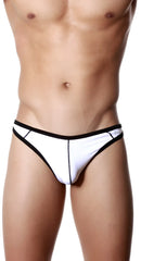 White and black groovin underwear accent thong with sleek minimalist design shown from the back side