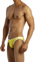 Bright yellow groovin underwear accent v-cut bikini swim trunks with white trim for vibrant beachwear