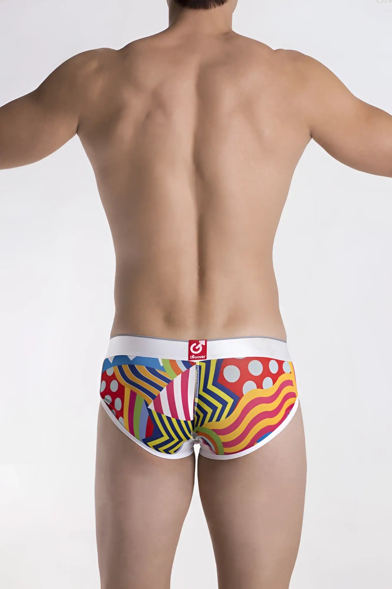 Groovin underwear pop art cup boxer with vibrant multicolored geometric and abstract patterned briefs in red yellow blue green and white