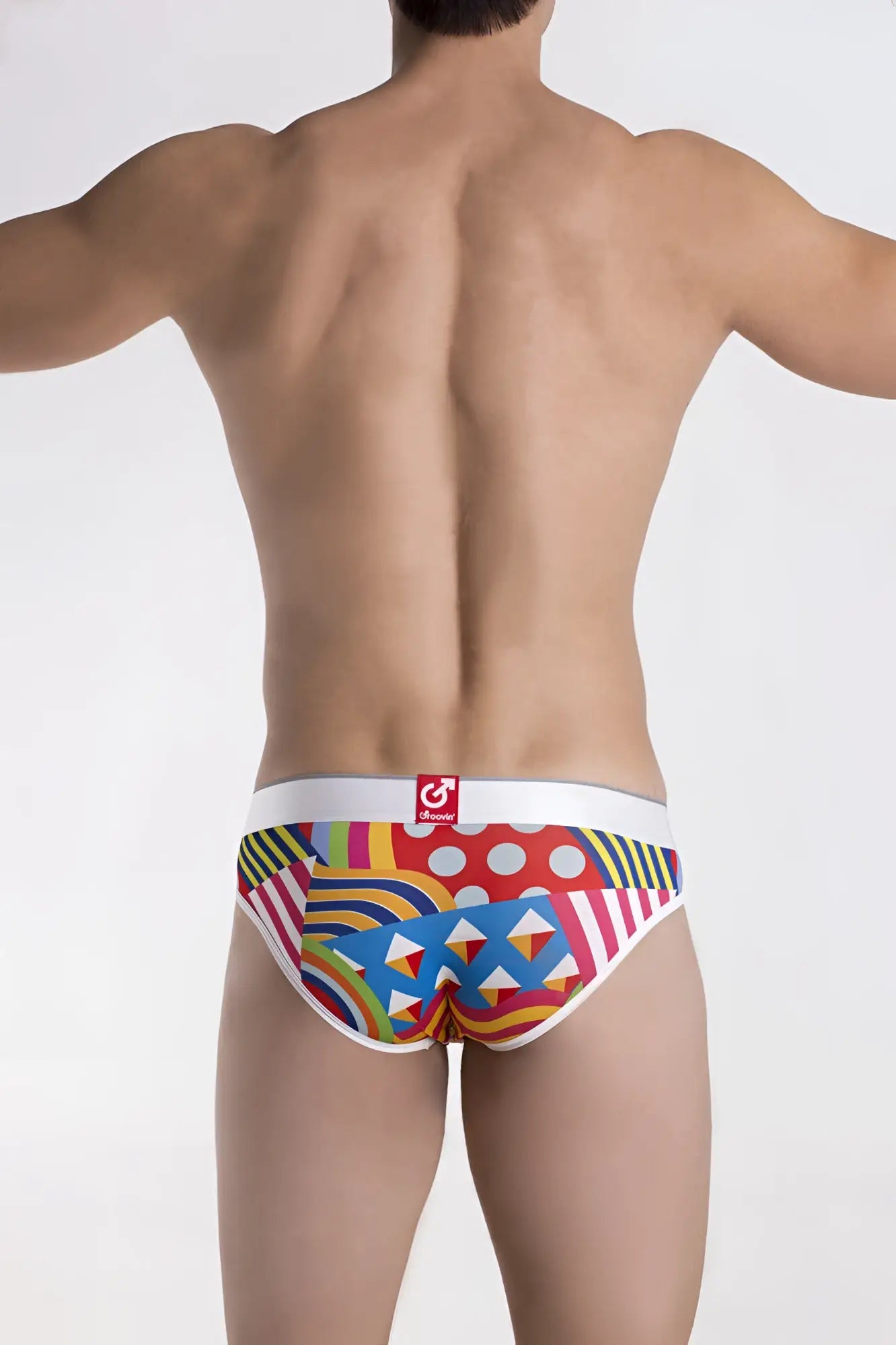 Groovin’ underwear pop art hip brief with vibrant red blue yellow green geometric pattern and white honey logo waistband