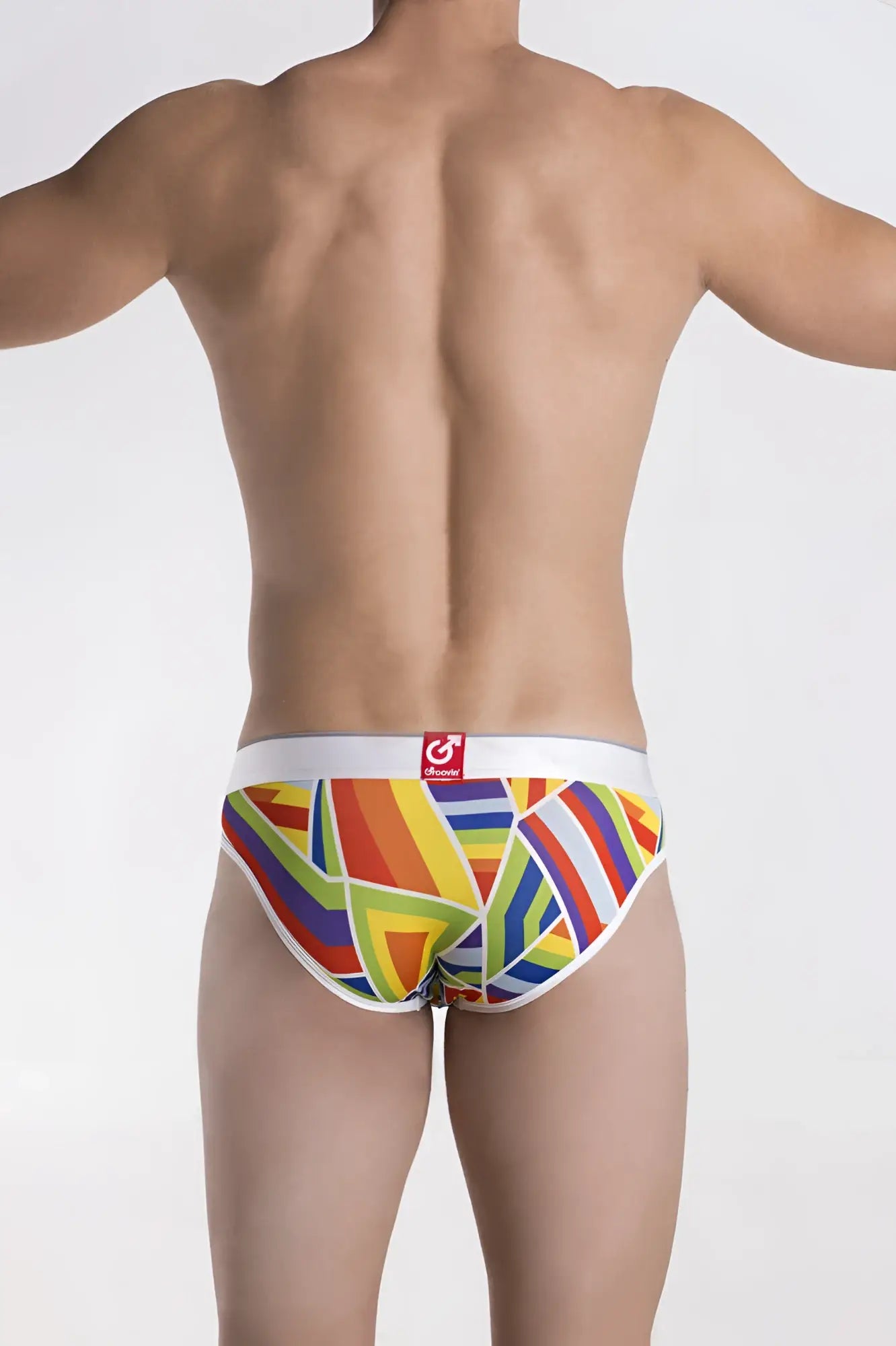 Groovin underwear prism hip brief bfp1701 featuring vibrant rainbow stripe geometric pattern with white elastic waistband
