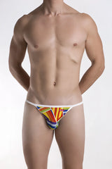 Groovin underwear prism string bikini bk p1701 vibrant geometric rainbow thong with white waistband shown from the back