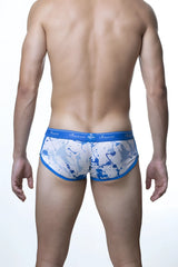 Blue and white splatter-patterned men’s briefs with solid blue arovia waistband groovin underwear splatter art cup boxer