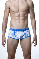 Blue and white splatter-patterned men’s briefs with a blue elastic waistband featuring the saoovin logo Groovin Underwear