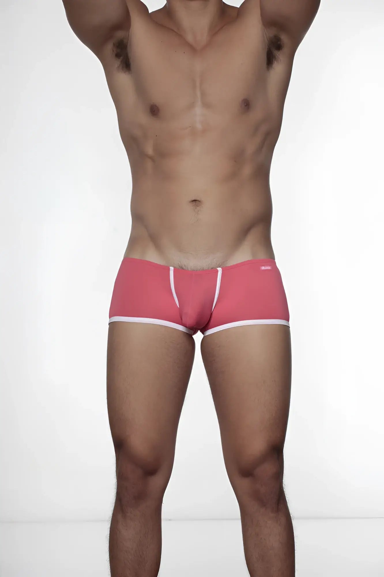 Pink groovin underwear super extra low cut boxer briefs with white trim and small brand logo on waistband