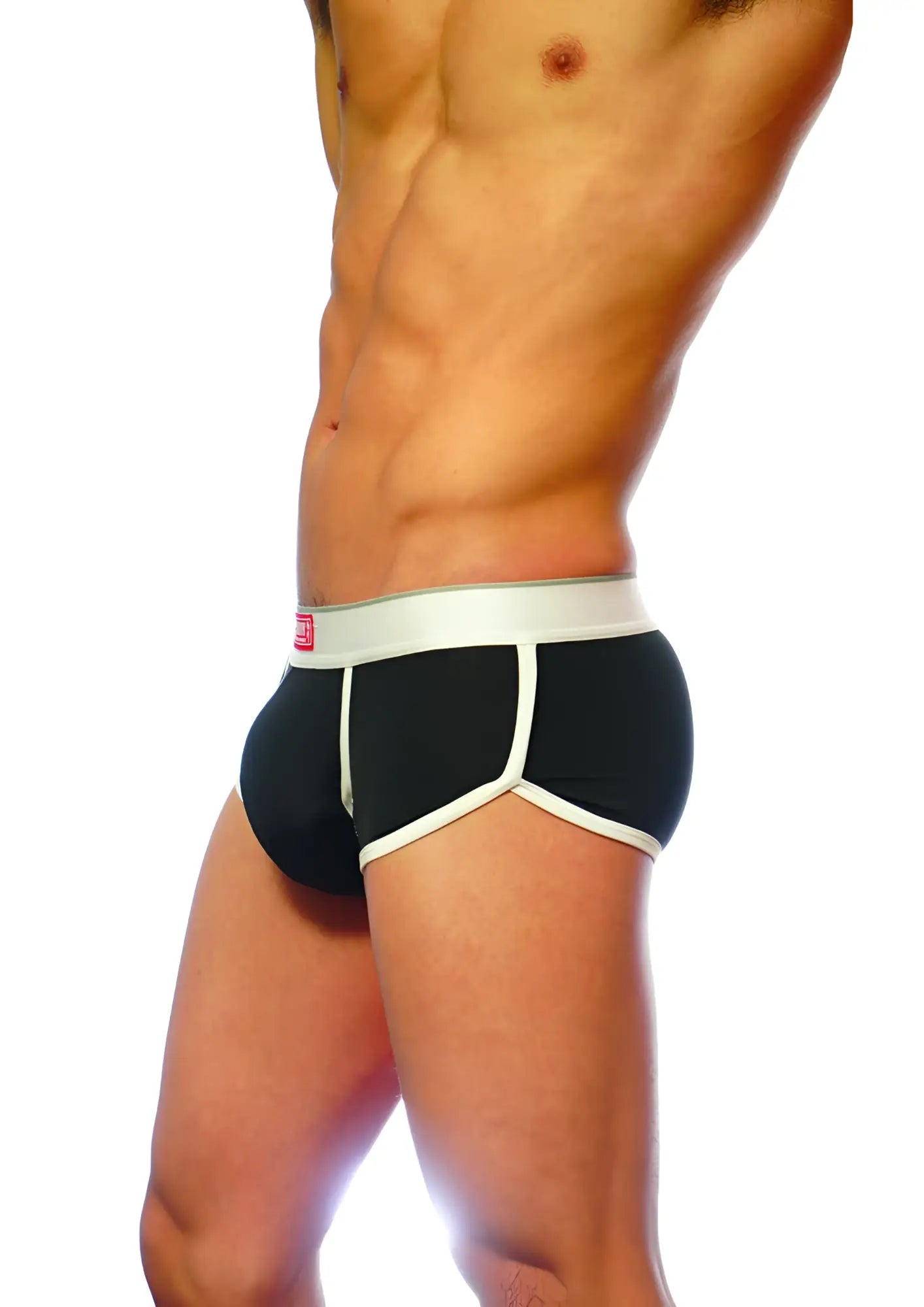 Black ventilated cup boxer briefs with white trim and red logo on the waistband from groovin underwear