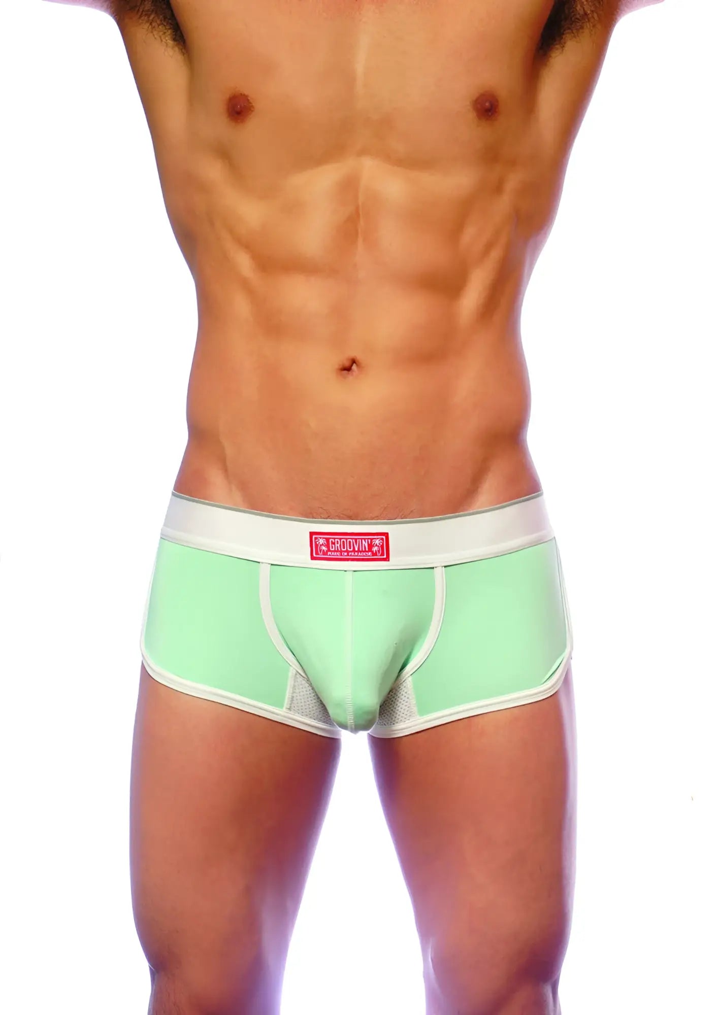 Groovin underwear ventilated cup boxer green cb1607 in mint green with white trim mesh panel and phoenix logo waistband