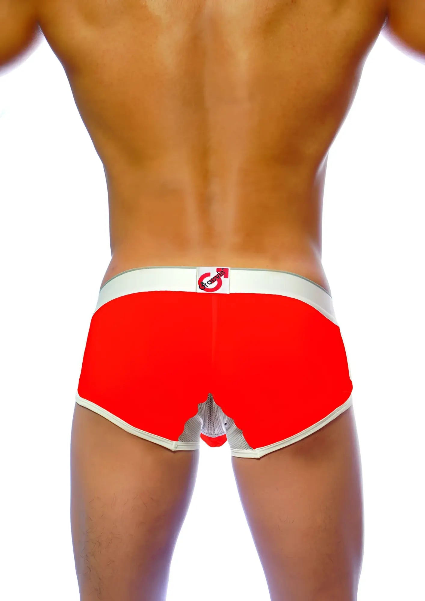 Red men’s groovin underwear ventilated cup boxer with white trim mesh back panel and small logo on waistband