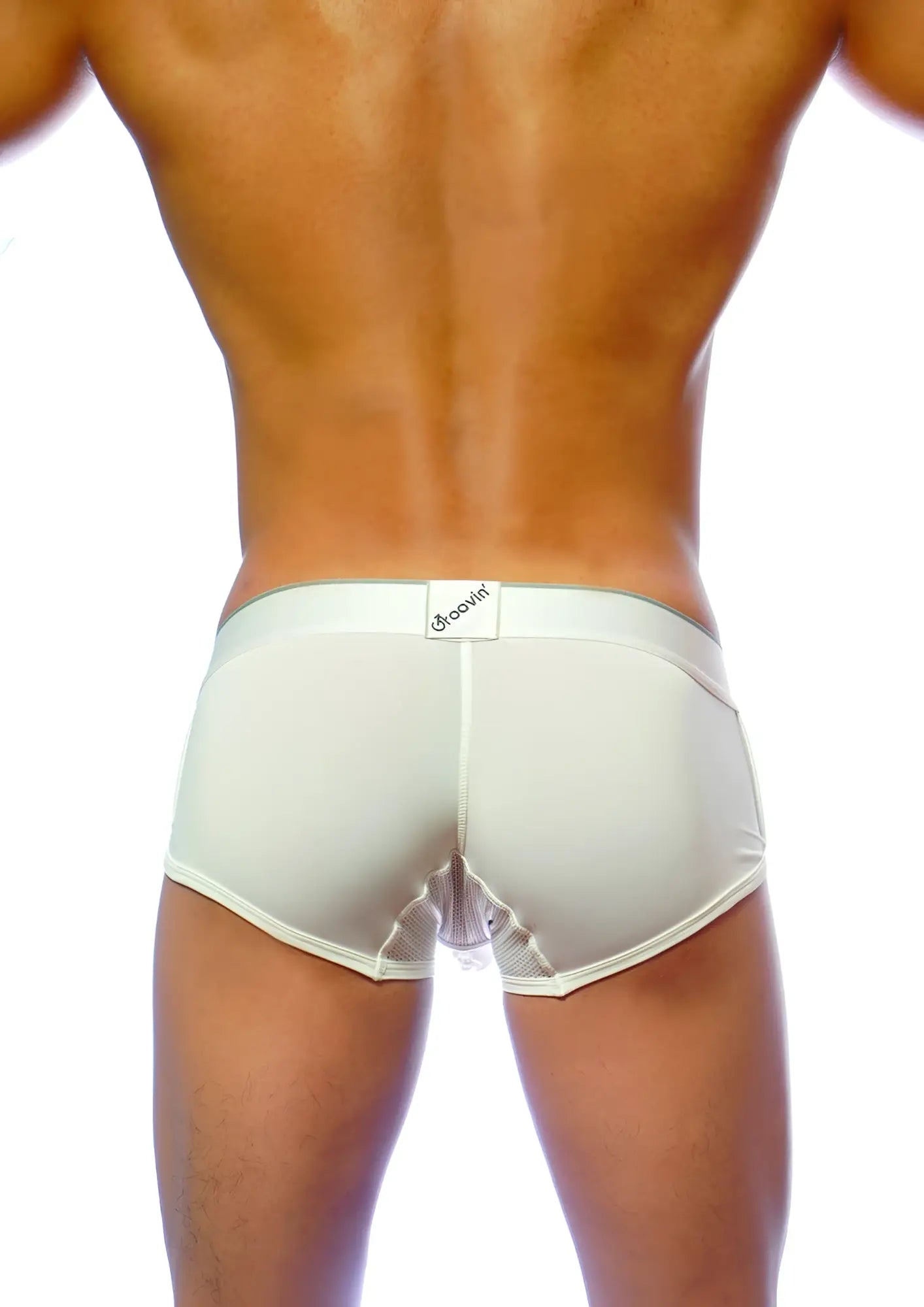 Cream-colored groovin underwear ventilated cup boxer white cb1601 showing back side with mesh panel and elastic waistband