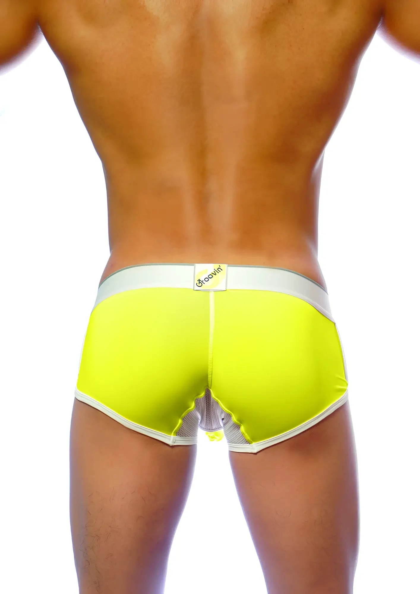 Bright neon yellow groovin underwear ventilated cup boxer with white trim and mesh panel at the back