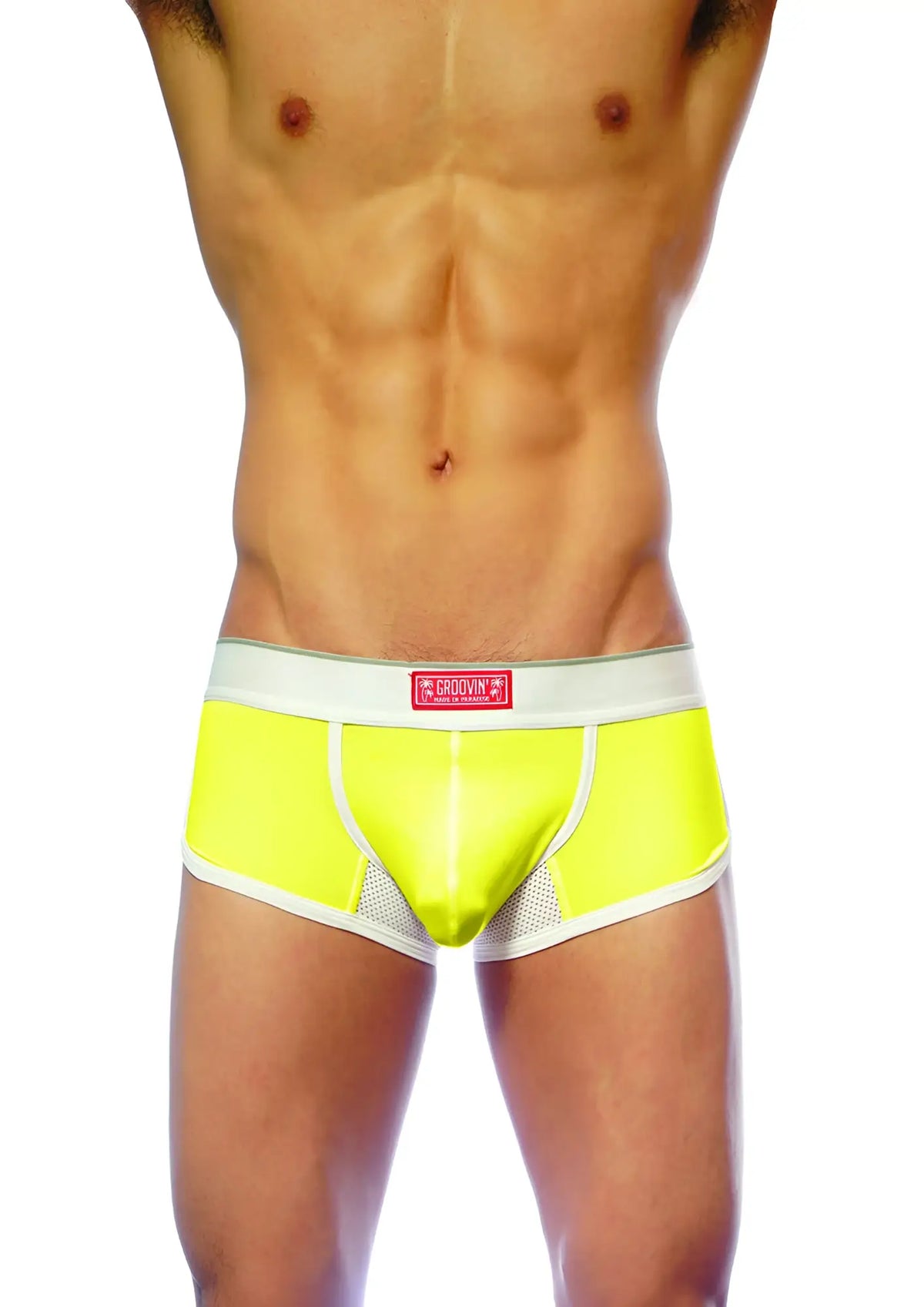 Bright neon yellow groovin underwear ventilated cup boxer with white trim mesh panel and groovin logo waistband