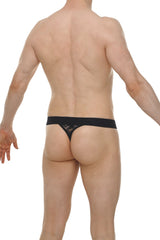 Black lace g-string aubiat with delicate floral embroidery on the front showcasing elegant lingerie design