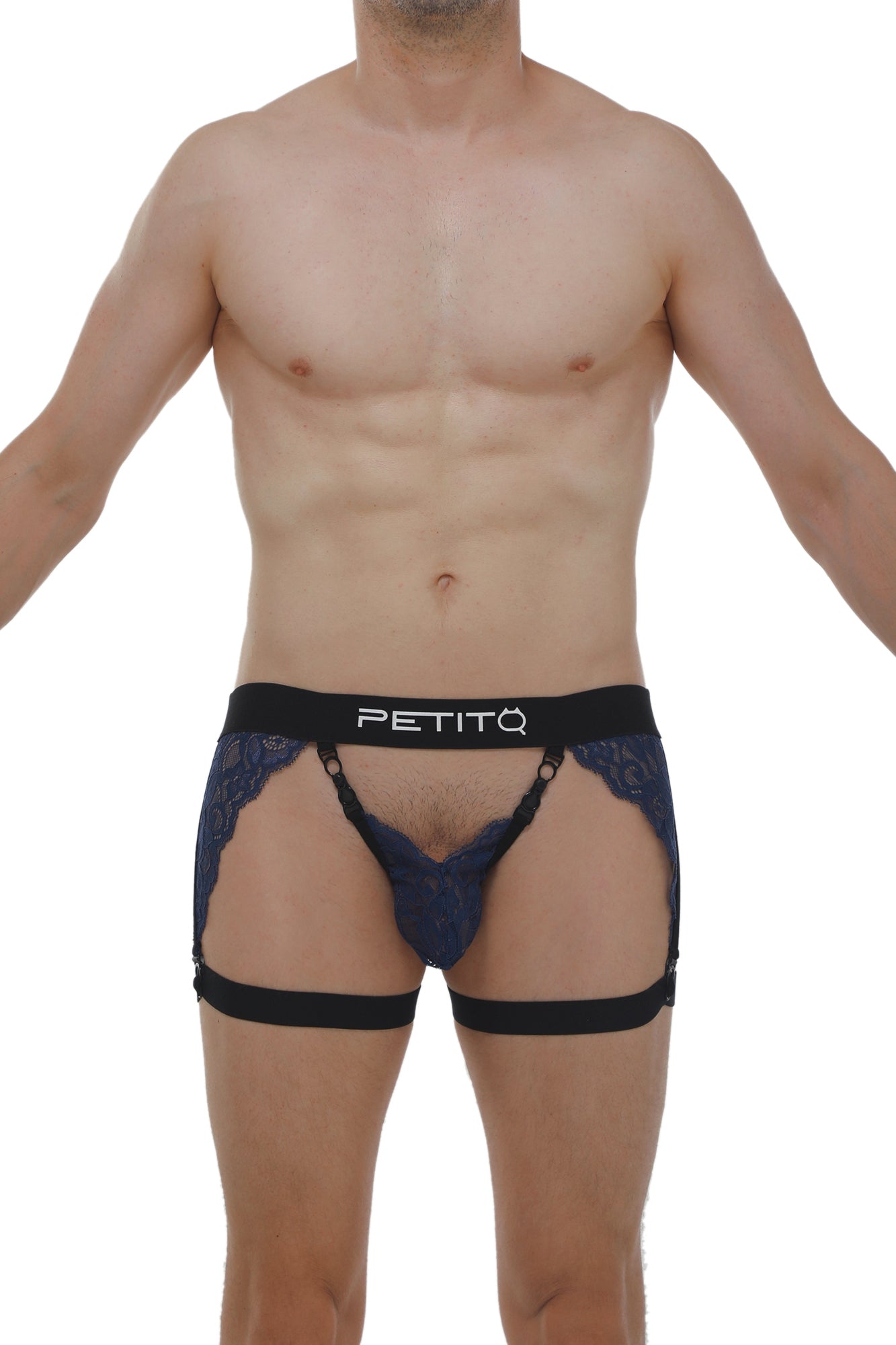 Dark blue lace trimmed men’s briefs with black elastic waistband and leg straps featuring petitq logo by lurris lace navy g-string