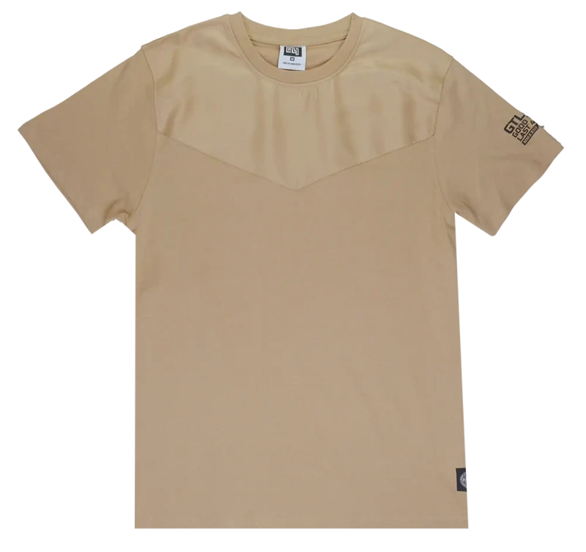 Beige short-sleeved gtl4 panel t-shirt with subtle geometric chest panel and branded patches on sleeve and hem
